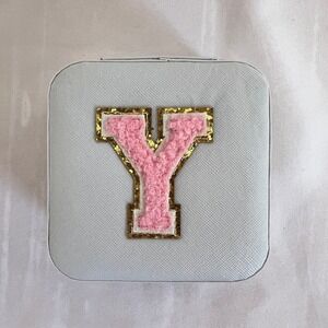 Monogram Y Jewelry Travel Case Hard Shell Organizer Mirror Ring Storage White